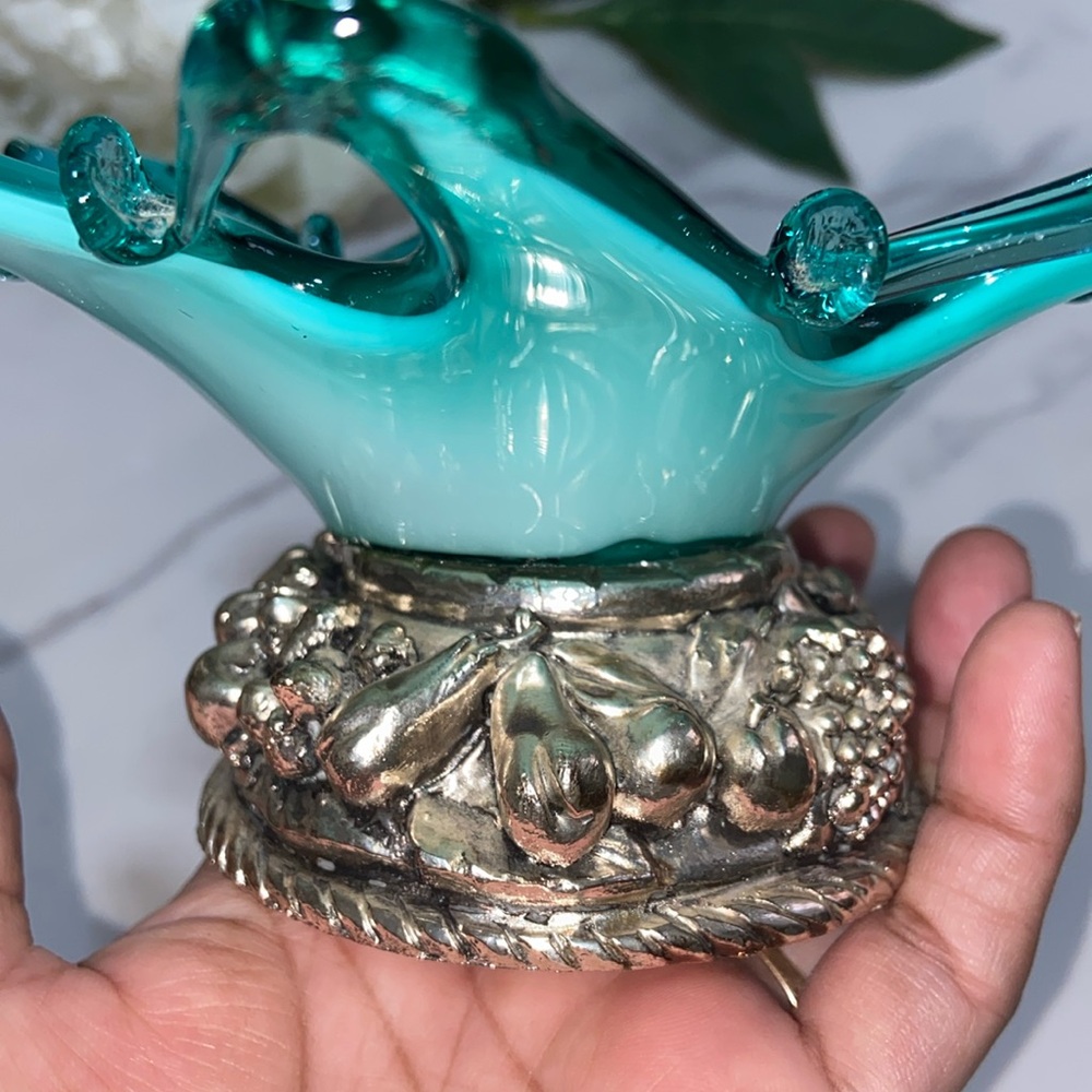 Small Murano Footed Glass Bowl Dish Glass Trinket Tray With Silver Fruit Stand - Picture 11 of 17